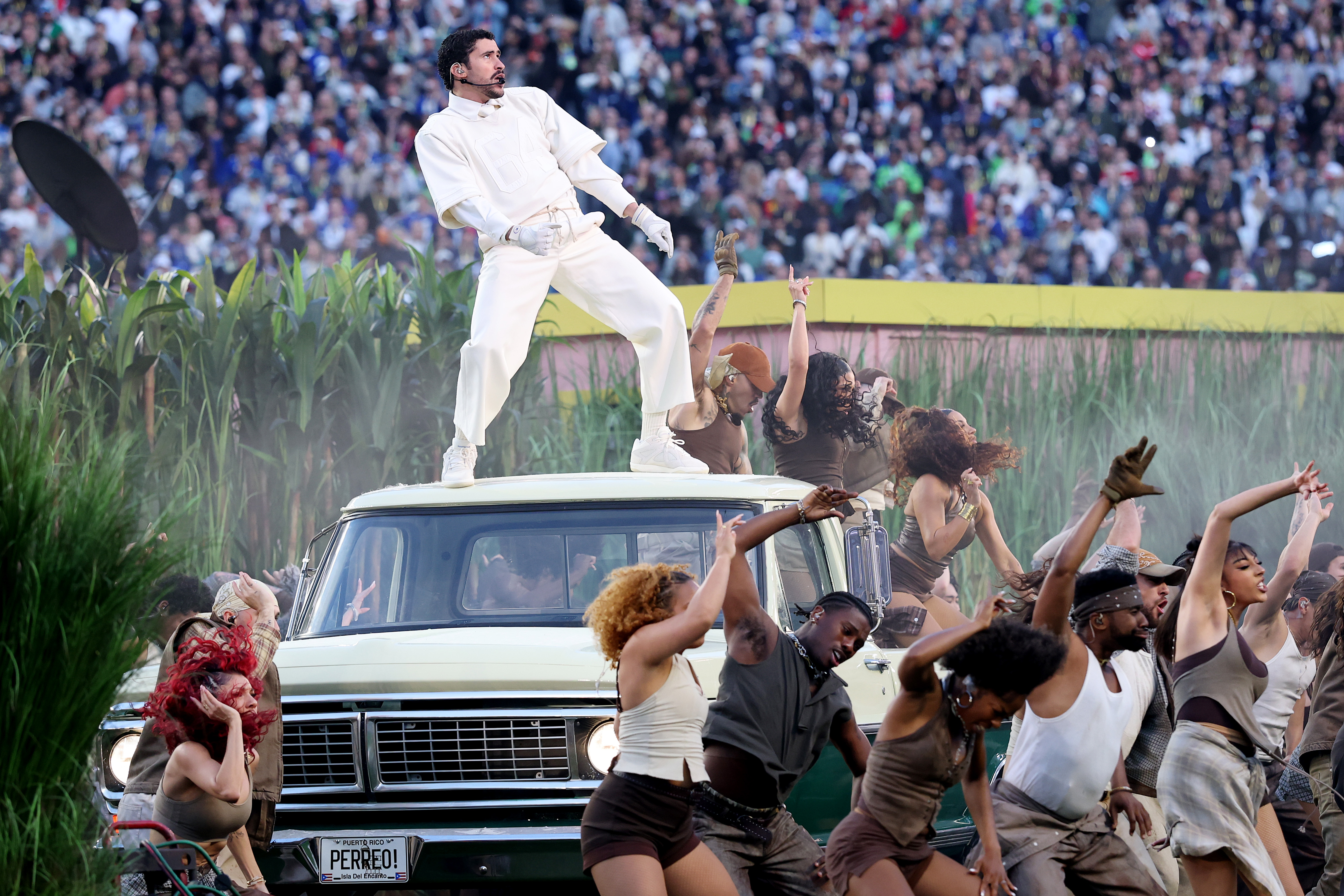 SANTA CLARA, CALIFORNIA - FEBRUARY 08: Bad Bunny performs onstage during the Apple Music Super Bowl LX Halftime Show at L...