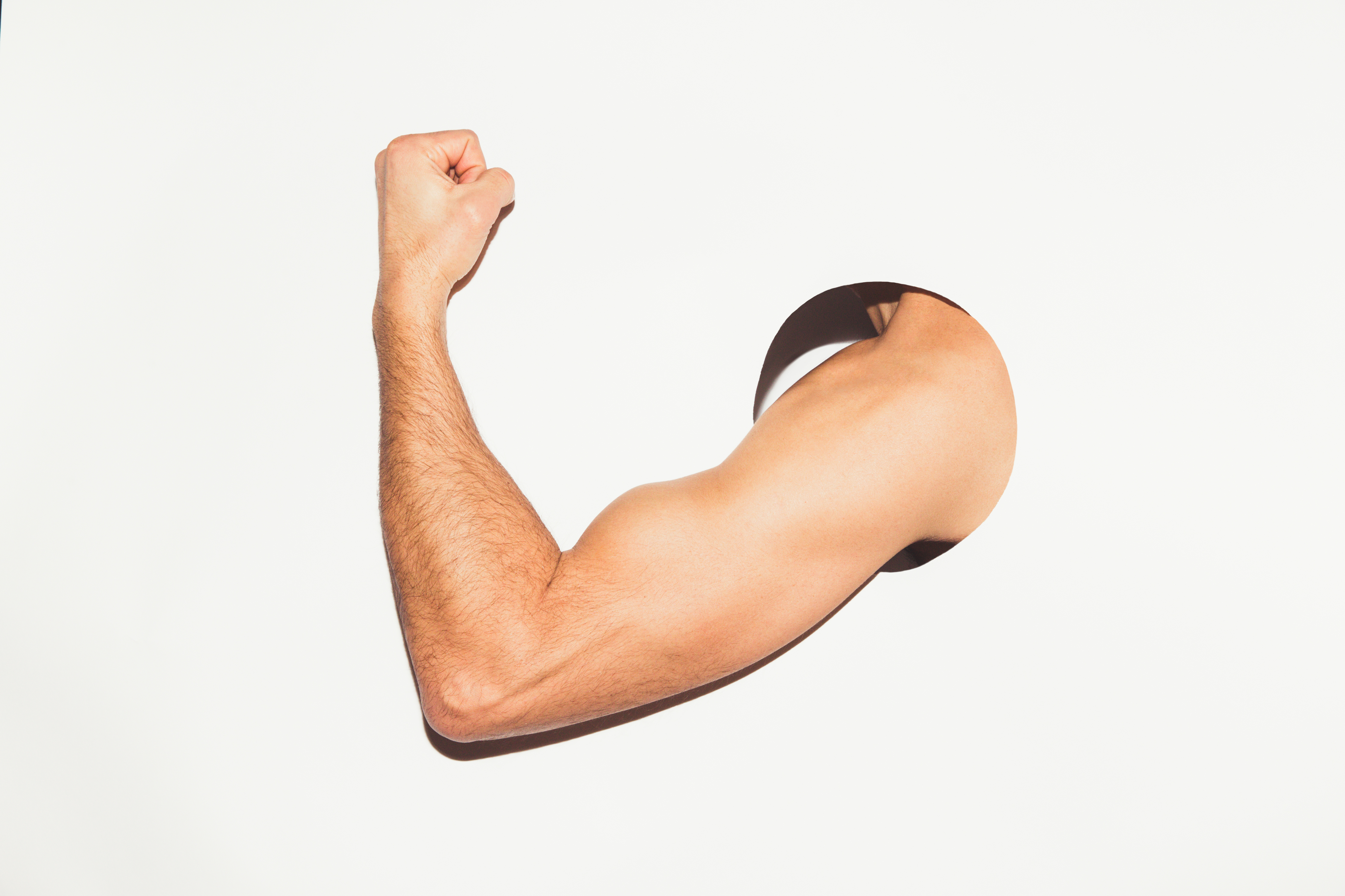 Body builder, Strong man, Fitness man, Weight lifter, Muscles.

Muscular arm on white background.