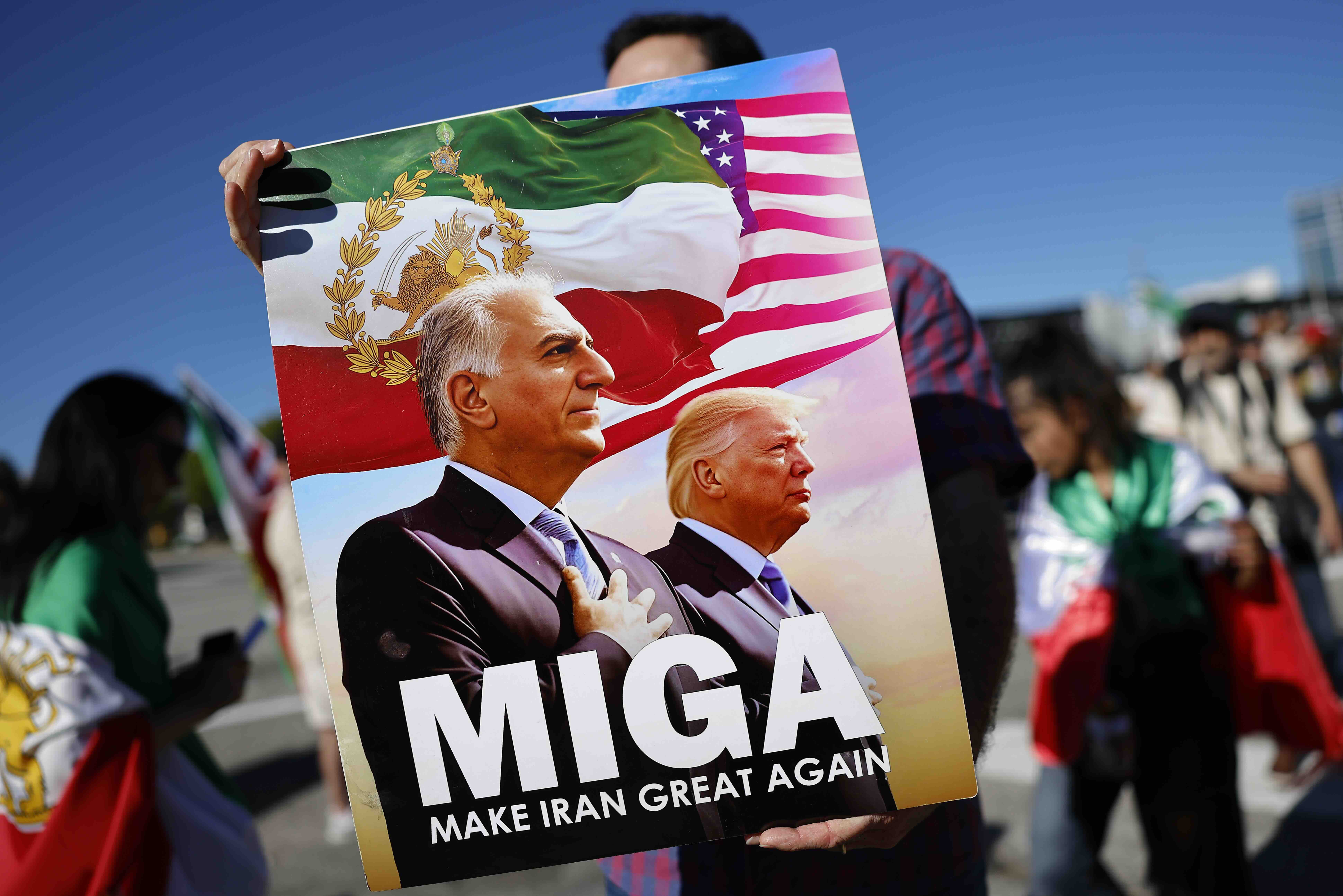 LOS ANGELES - FEBRUARY 28: A sign reading "Make Iran Great Again" is held up as members of the Iranian community and suppo...