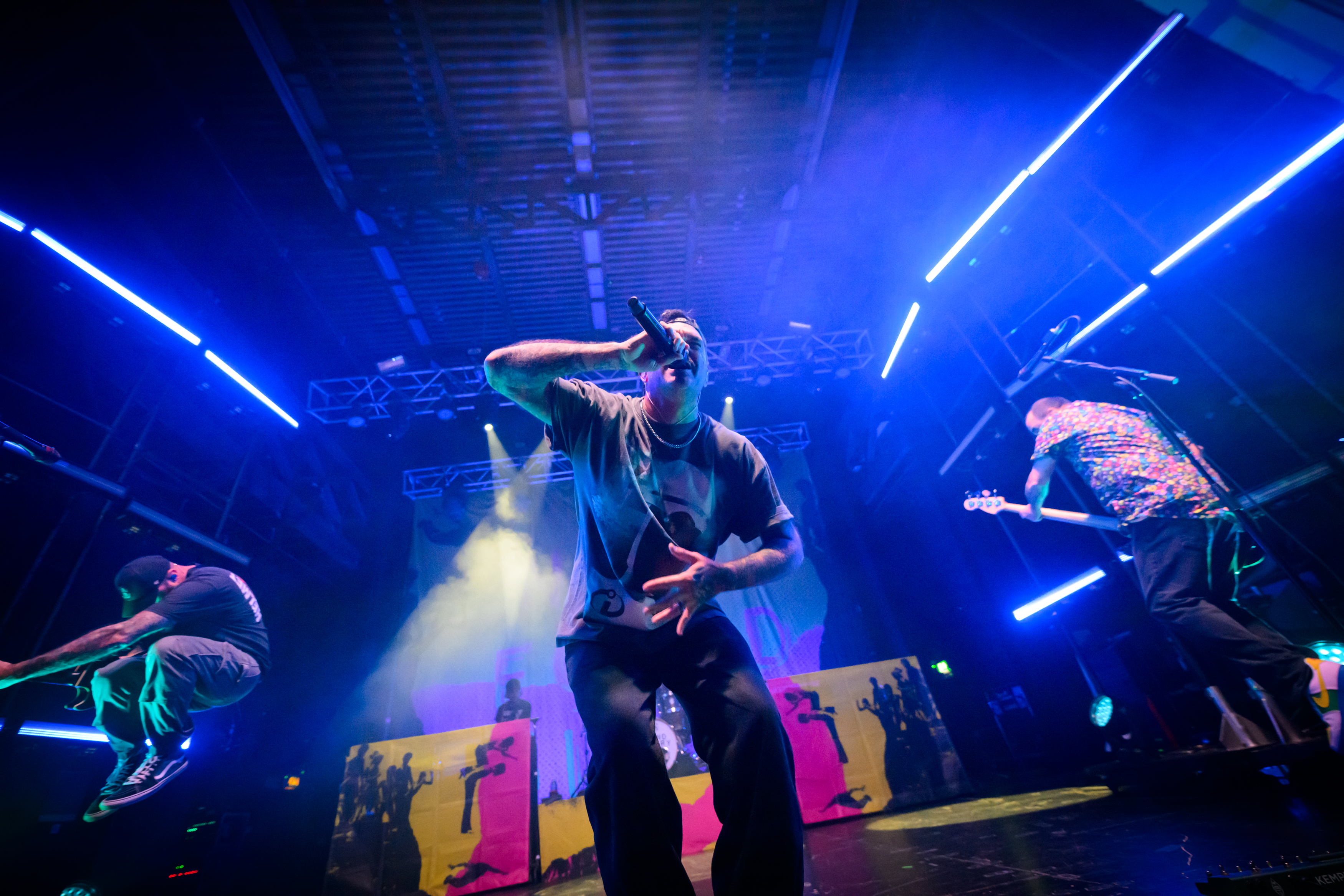 BOURNEMOUTH, ENGLAND - OCTOBER 17: Chad Gilbert, Jordan Pundik, Ian Grushka of New Found Glory performs onstage during a c...