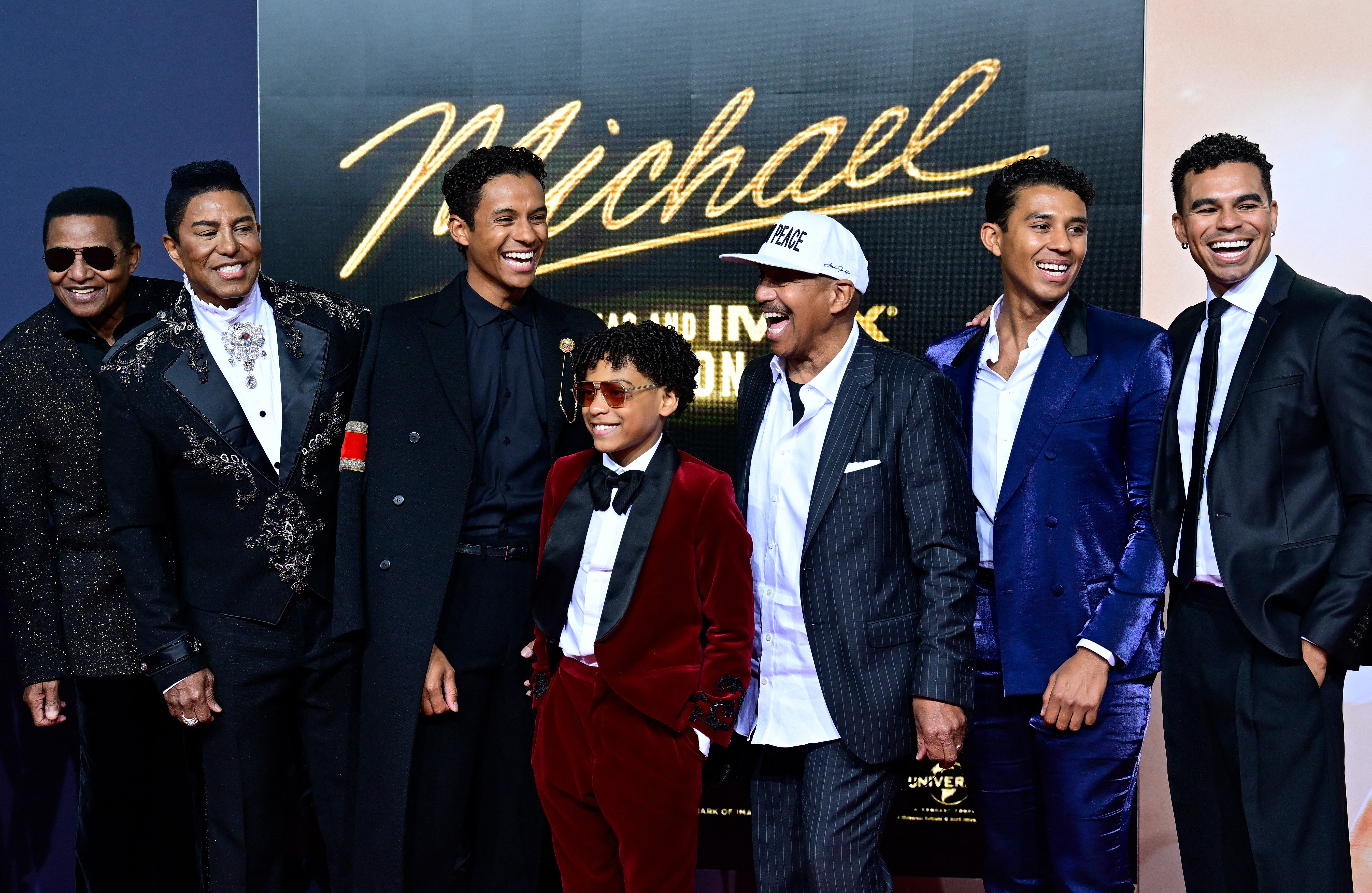 (From L) US singer Jackie Jackson, US singer Jermaine Jackson, US actor Jaafar Jackson, US actor Juliano Valdi, and other ...