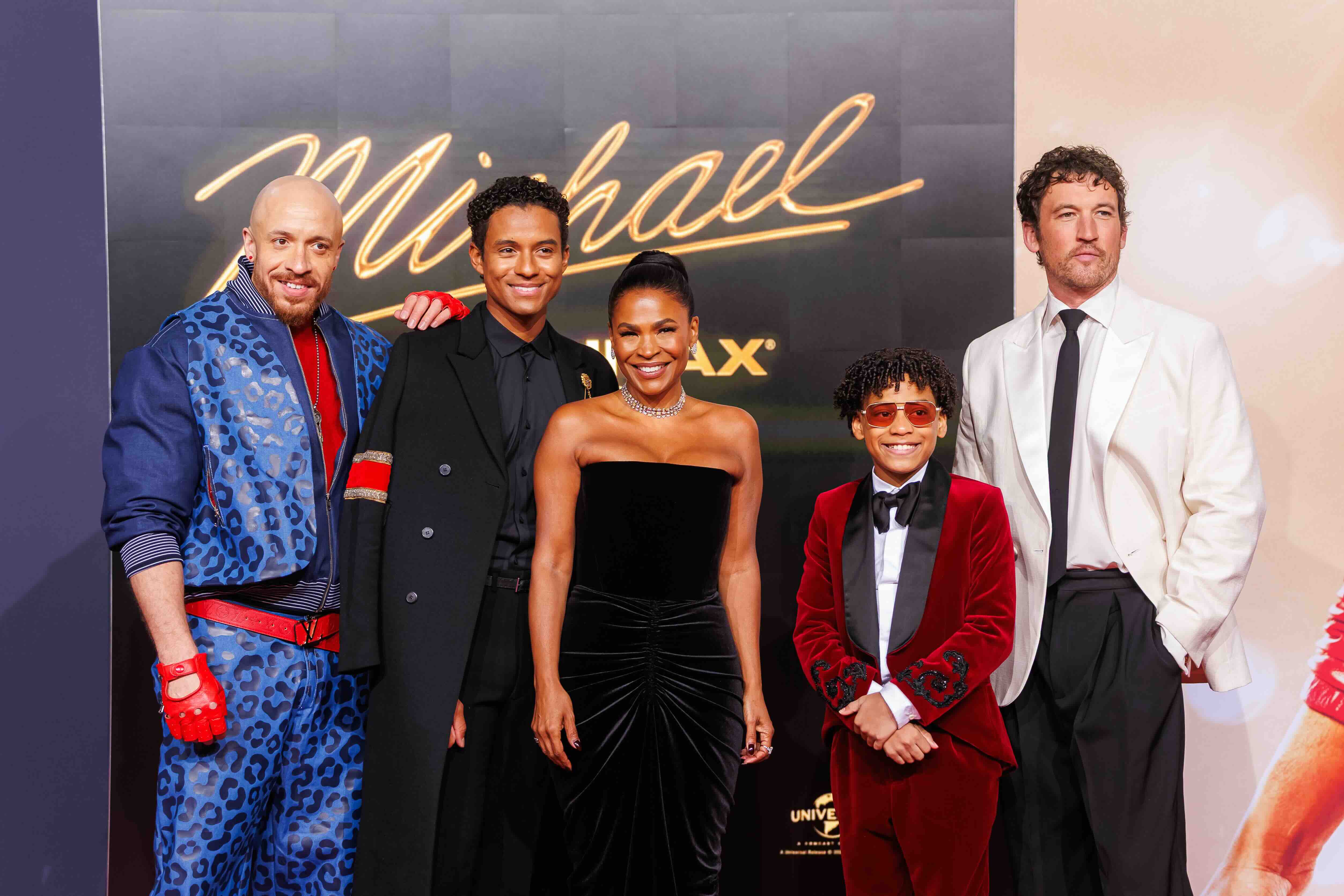 BERLIN, GERMANY - APRIL 10: KeiLyn Durrel Jones, Jaafar Jackson, Nia Long, Juliano Valdi and Miles Teller attend the "Mich...