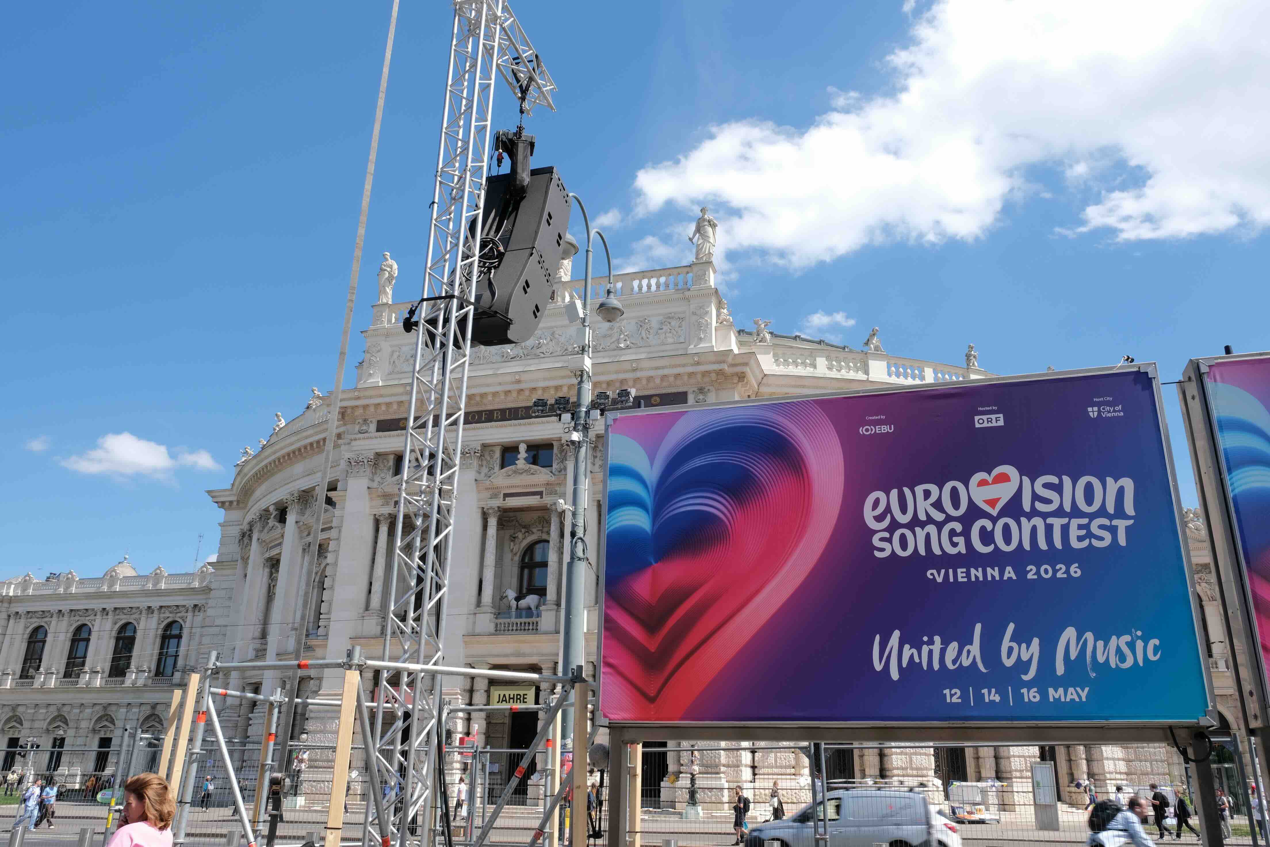 VIENNA, AUSTRIA - MAY 8: A poster with the ESC design is set up ahead of the Eurovision Song Contest at Wiener Rathaus on ...