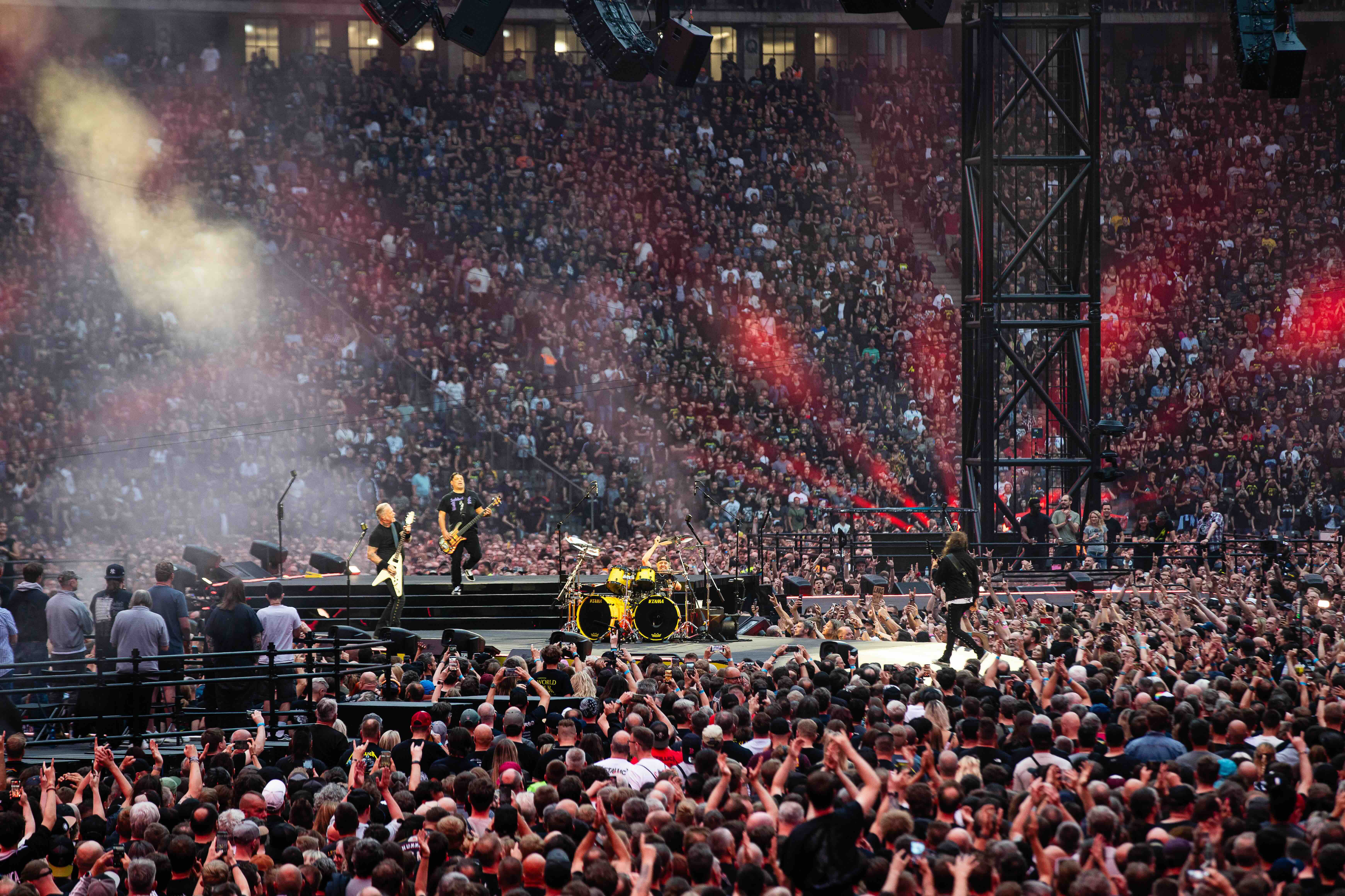 BERLIN, GERMANY - MAY 30: Metallica perform at Olympiastadion in front of 95,000 attendees, which sets the record for the ...