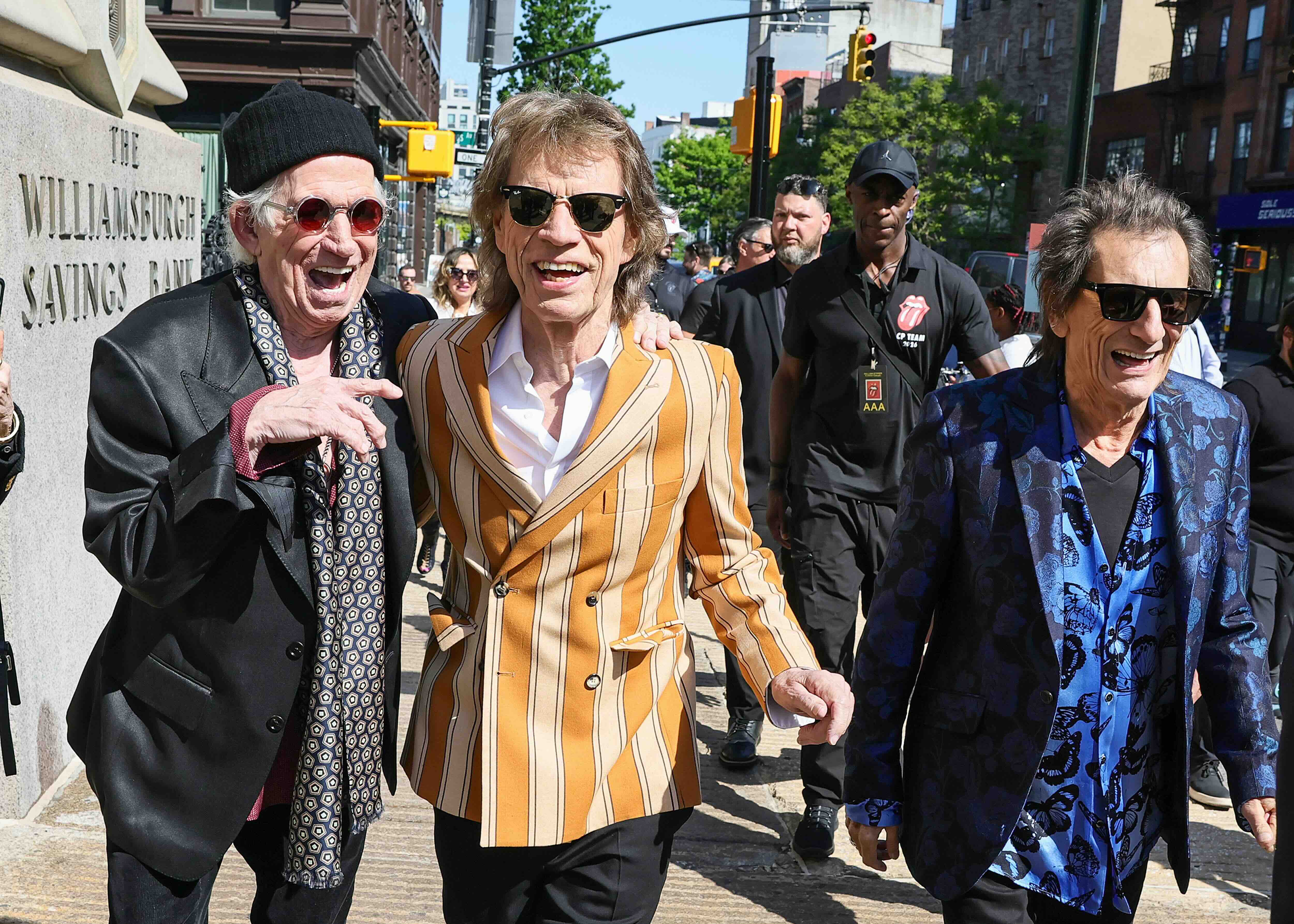 BROOKLYN, NEW YORK - MAY 05: (L-R) Keith Richards, Mick Jagger, and Ronnie Wood attend the exclusive launch event of The R...