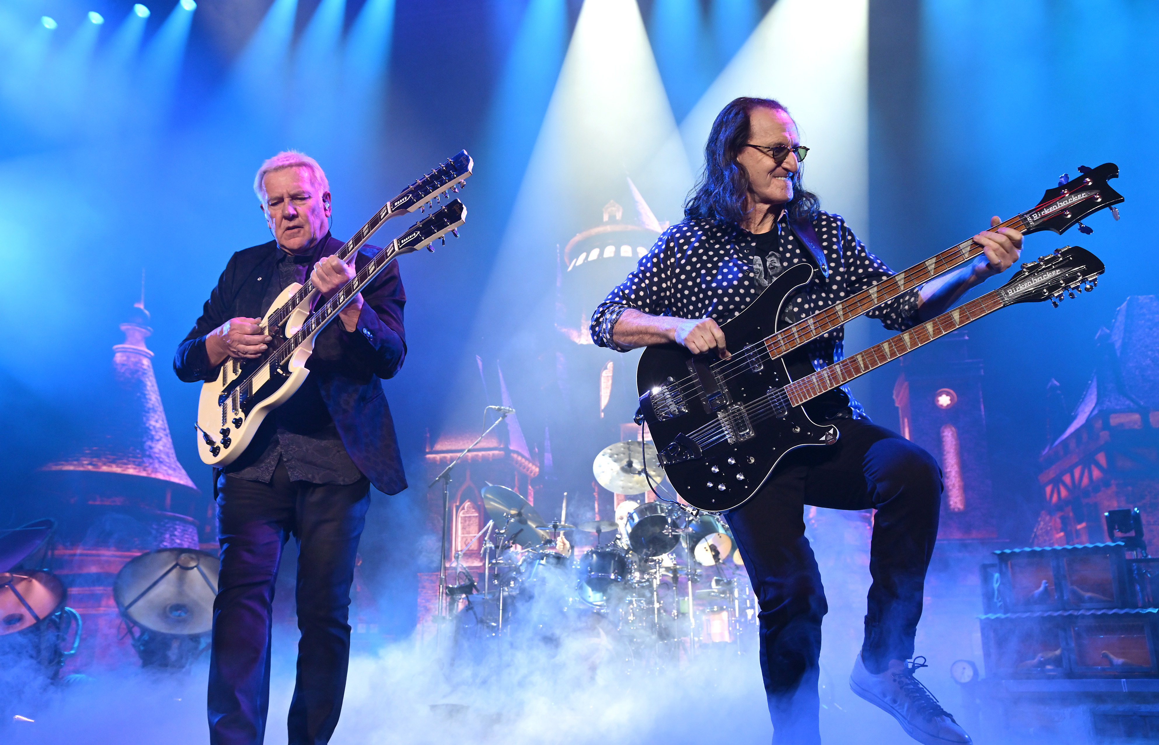INGLEWOOD, CALIFORNIA - JUNE 07: (L-R) Alex Lifeson and Geddy Lee of Rush perform during the opening night of their first ...