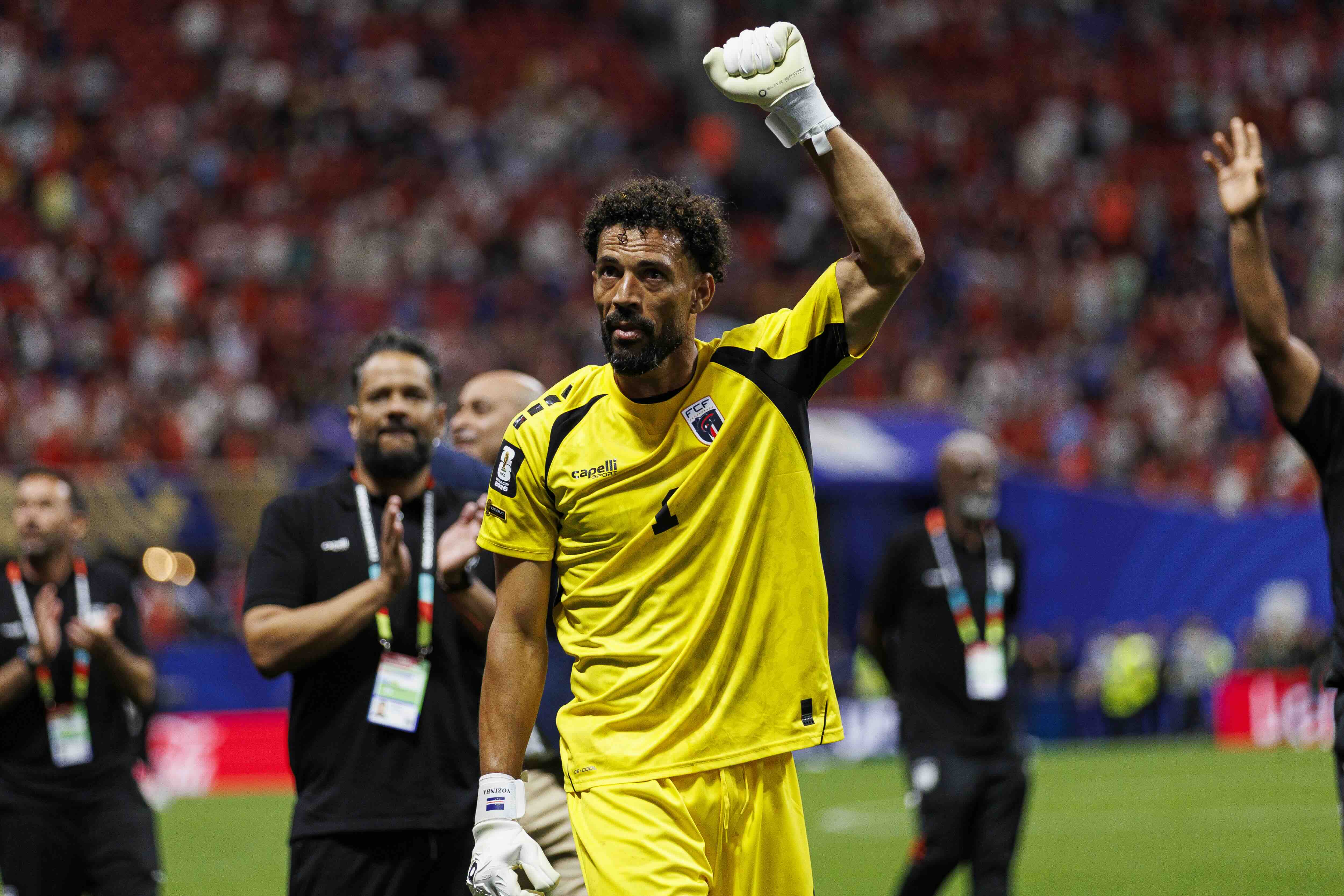 ATLANTA, GEORGIA - JUNE 15: Goalkeeper Vozinha of Cape Verde thanks supporters for standing following the FIFA World Cup 2...