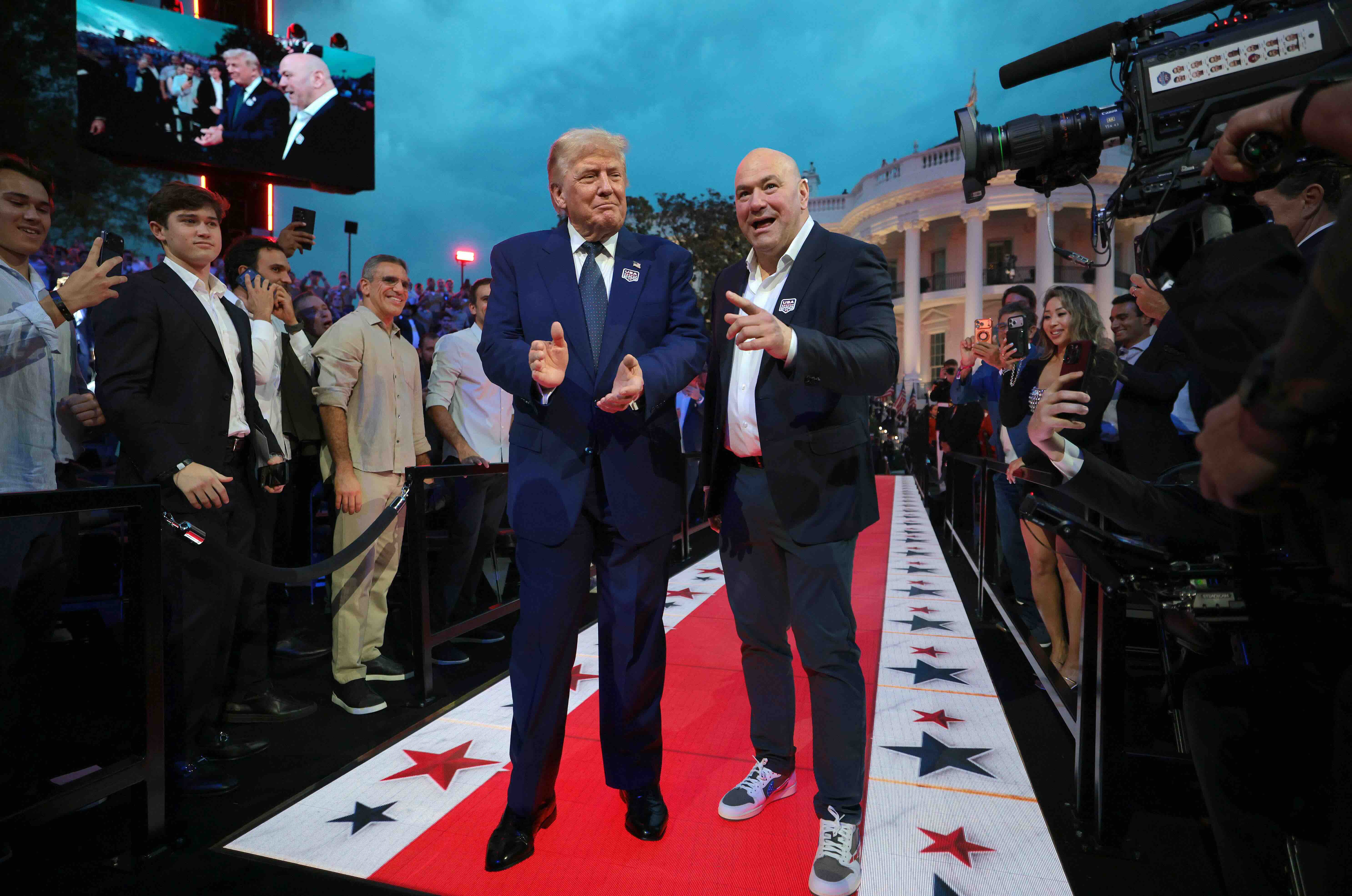 WASHINGTON, DC - JUNE 14: U.S. President Donald Trump and UFC President and CEO Dana White walk out of the White House ont...