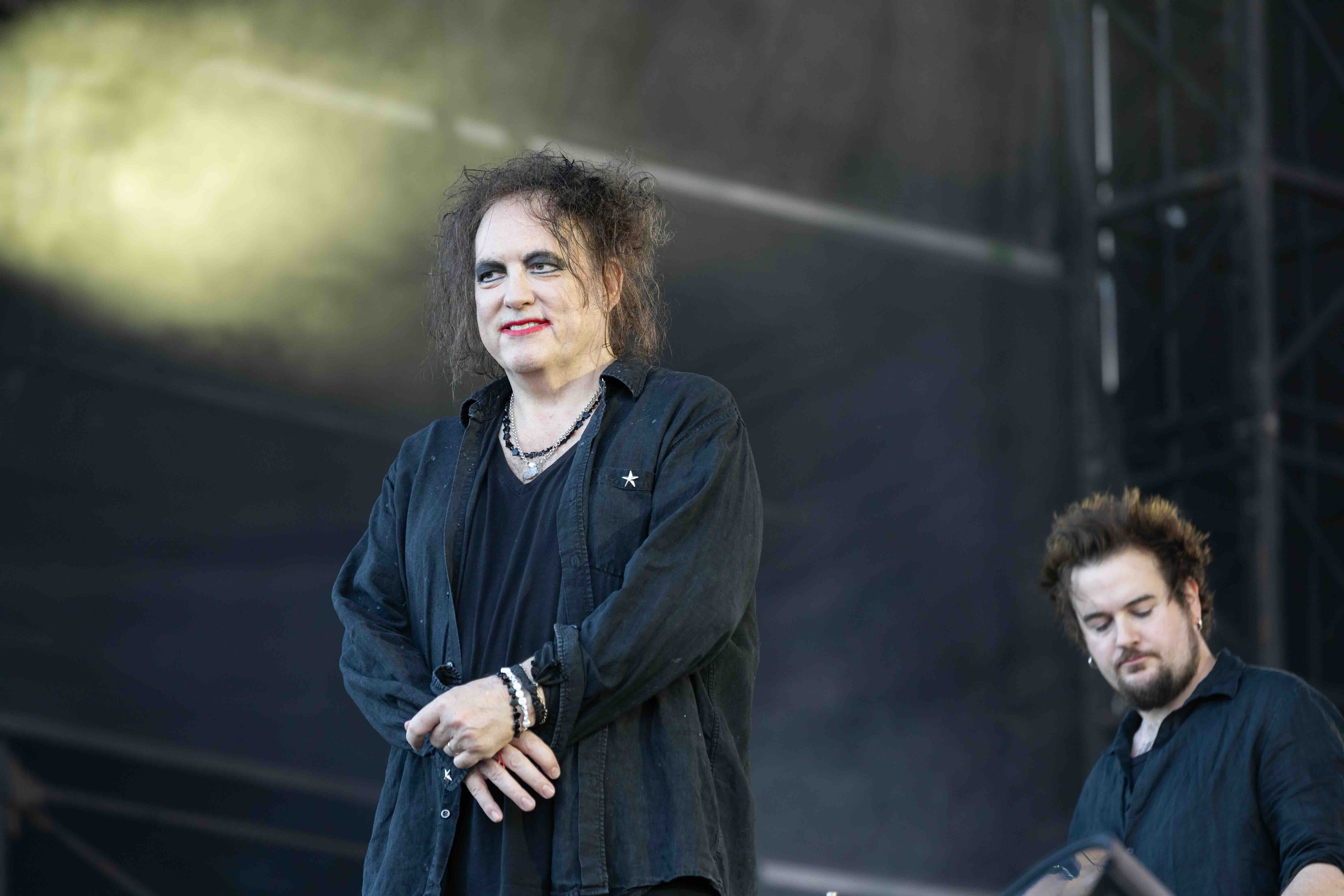 DUBLIN, IRELAND - JUNE 26: Robert Smith (L) and Simon Gallup of The Cure perform onstage during a concert at Marlay Park o...