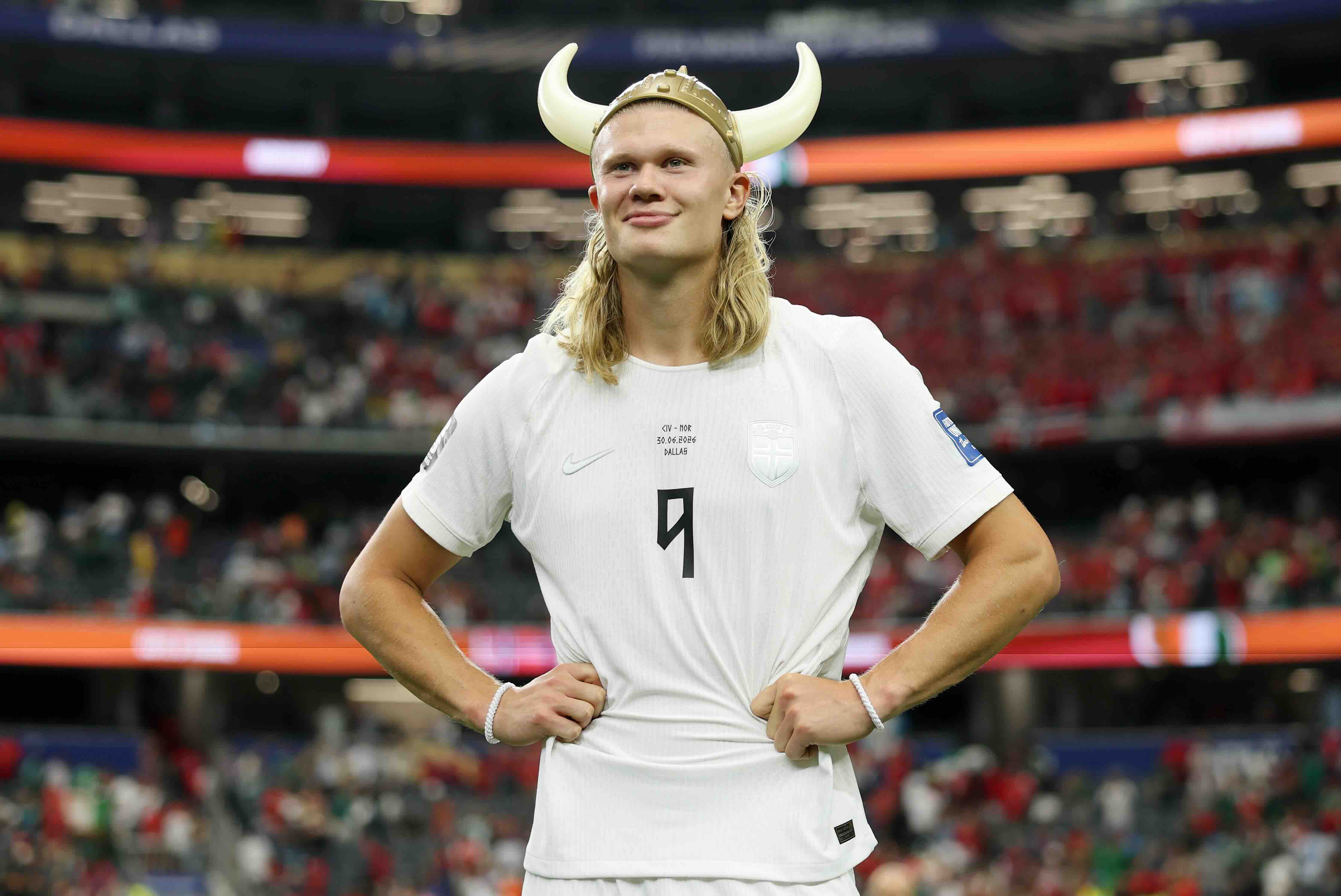 ARLINGTON, TEXAS - JUNE 30: Erling Haaland #9 of Norway celebrates after the 2-1 win during the FIFA World Cup 2026 Round ...