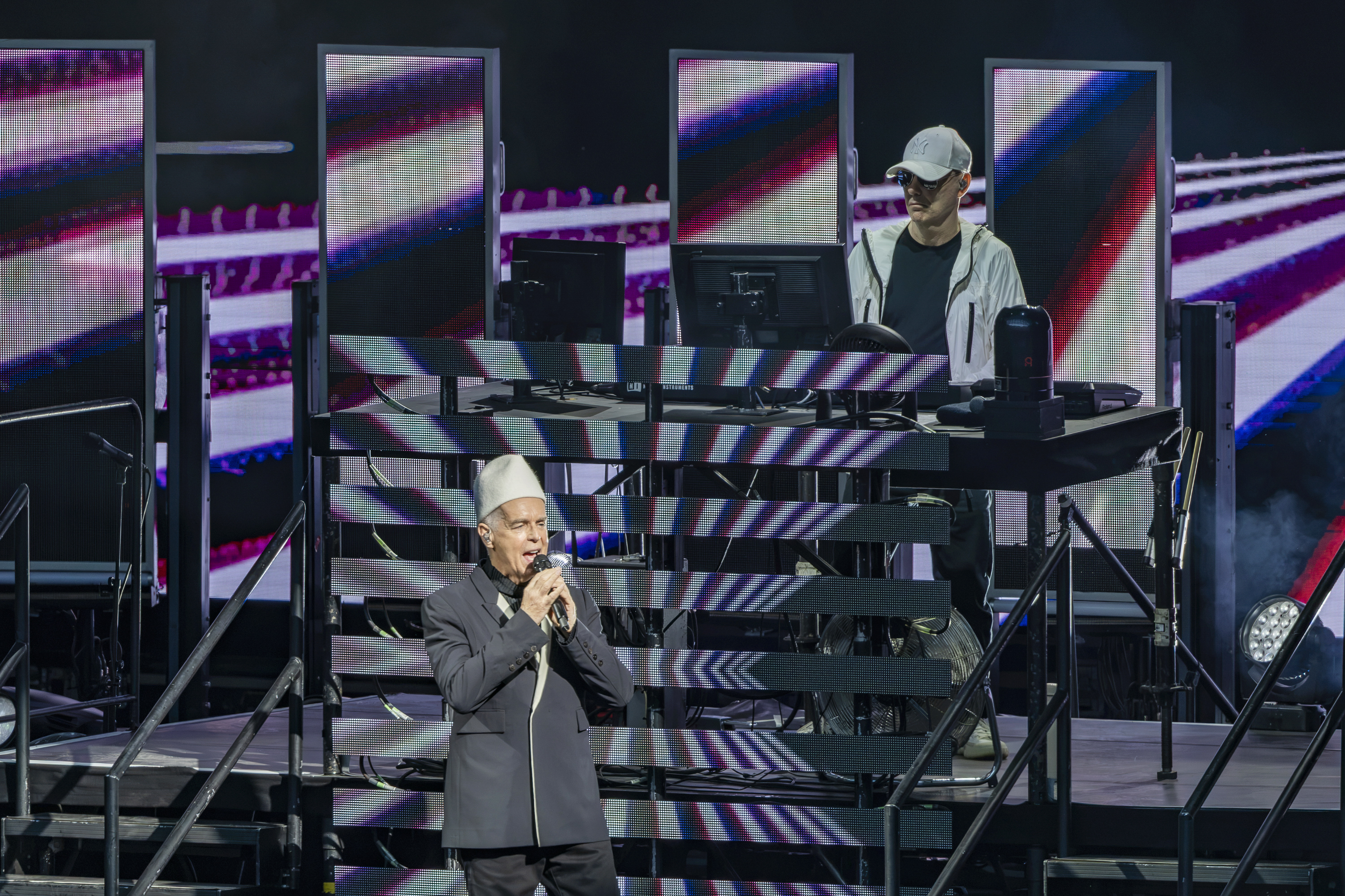 BERLIN, GERMANY - JULY 11: Neil Tennant (vocals) and Chris Lowe (keyboards) from the britische Pop-Duo Pet Shop Boys perfo...